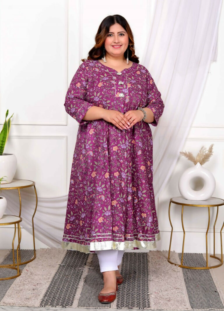 Miravan Women's Plus Size Cotton Gota Patti And Lace Border Details Floral Printed Purple Anarkali Kurta | Grocsy