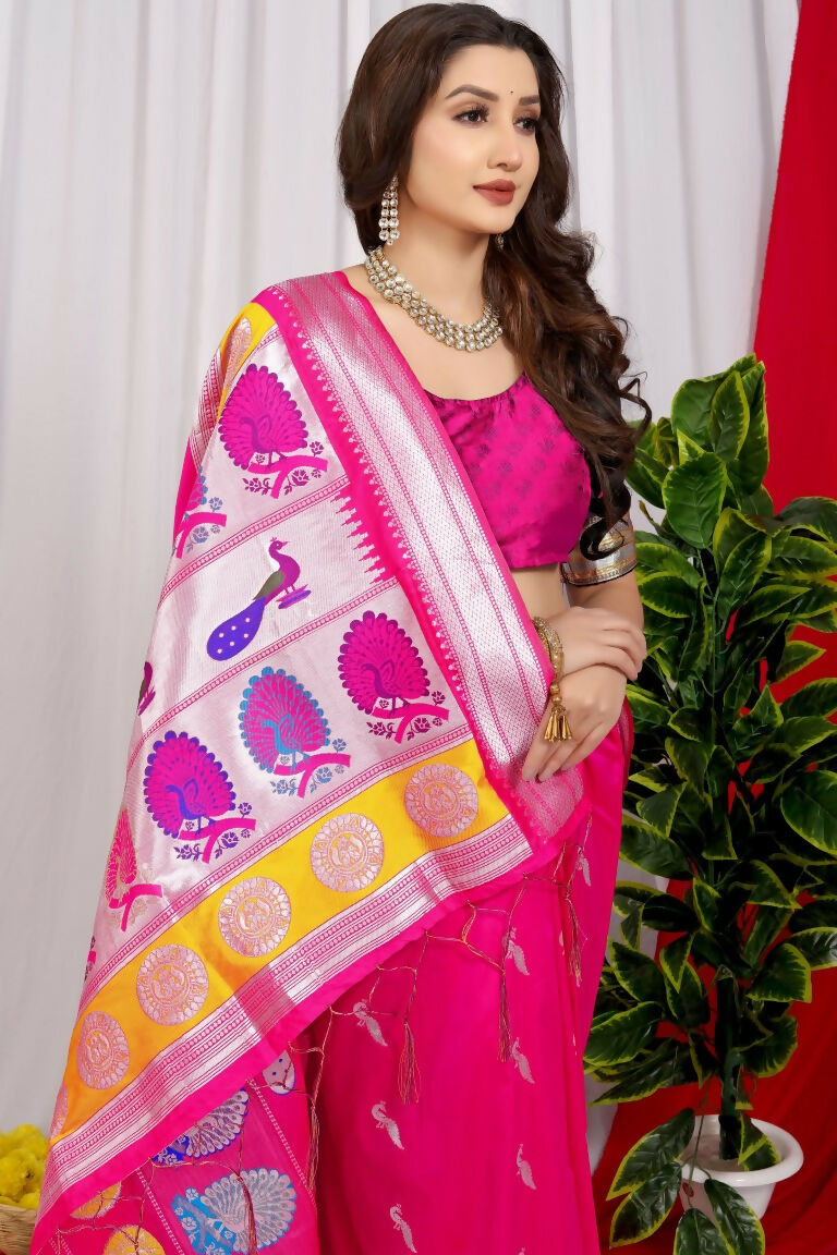 Jyoti Fashion Women's Pink Paithani Silk Zari Woven Saree with Blouse | Grocsy