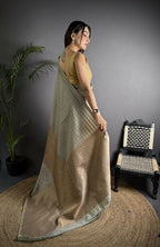 Joban Fashion Grey Banarasi Soft Lichi Silk Checks & Woven Saree | Grocsy