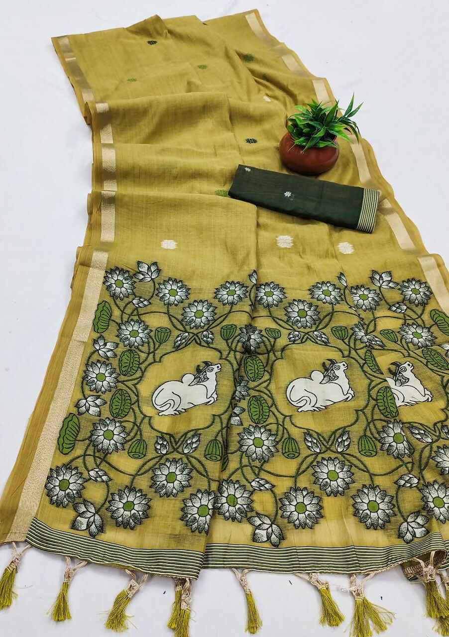 Vastranavya Yellow Muga Cotton Meenakari & Azarakh Pallu Saree with Contrast Blouse | Grocsy
