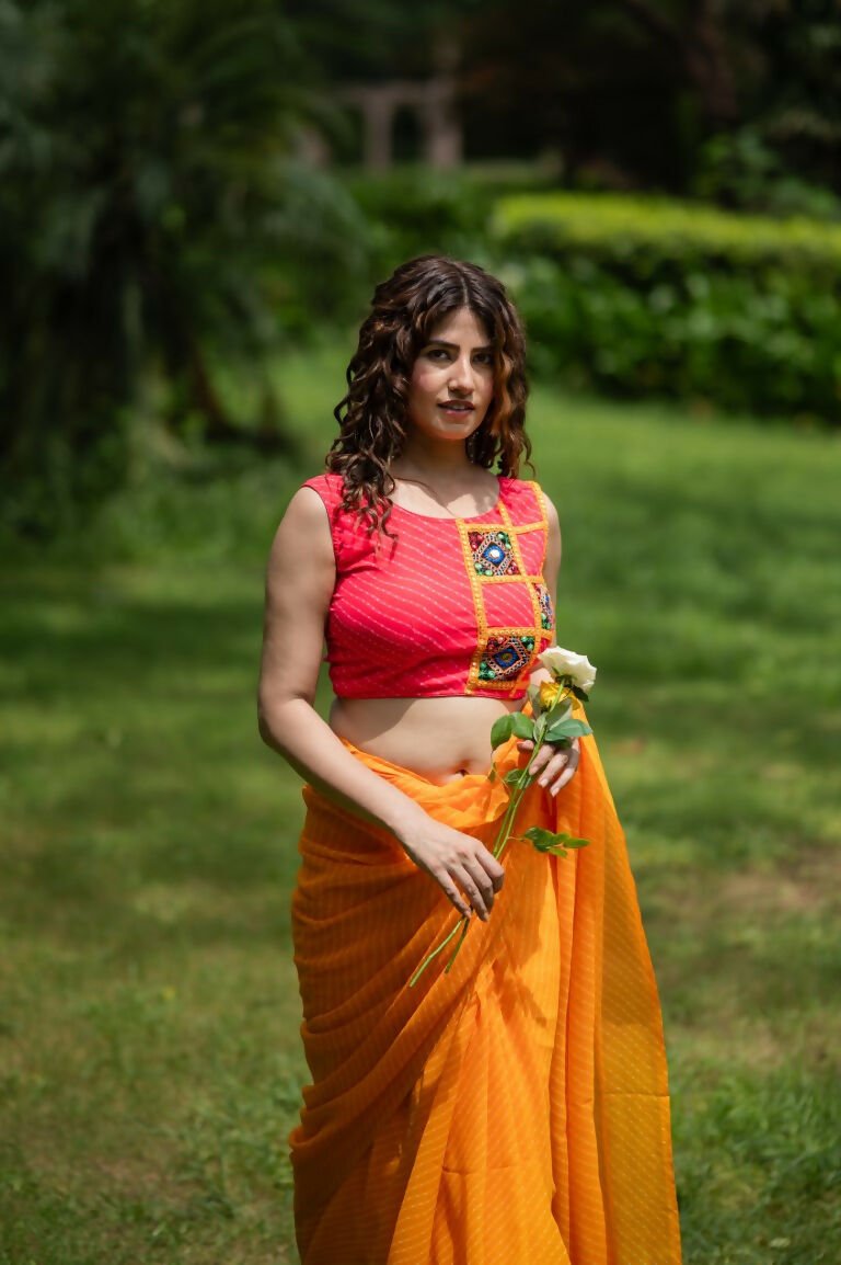 Amodini Designer Studio Women's Coral Chinon Lehriya Sleeveless Blouse | Grocsy
