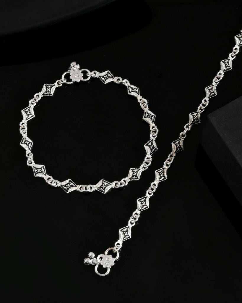 VOJ Set of 2 Silver Plated Designer Stainless Steel Anklet | Grocsy