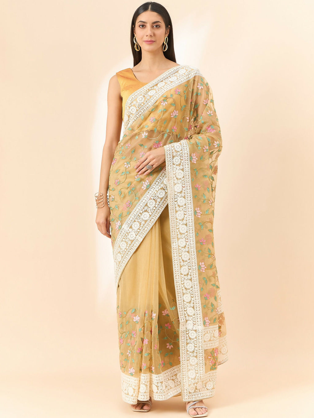 Beige Organza Floral Embroidered Saree with Unstitched Blouse Piece - Roozal | Grocsy