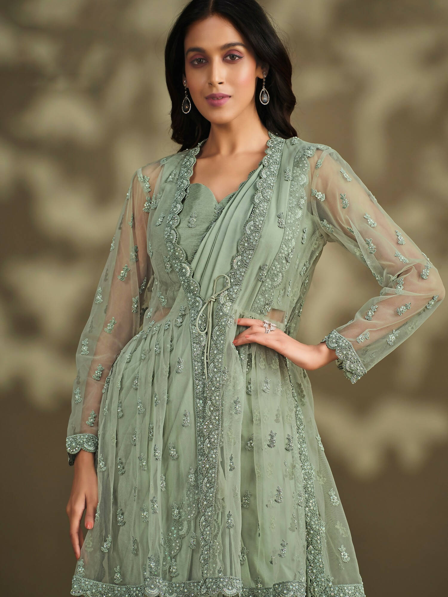 Sea Green Crepe Silk Sequence Embroidered With Stone & Sequence Work Jacket Saree With Stitched Blouse - Mohmanthan La Belle | Grocsy