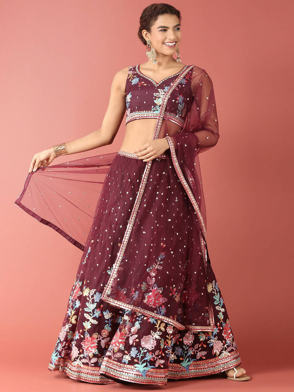 House of Panchhi Burgundy Net Multi colour Thread & Sequinse Work Lehenga & Blouse, Dupatta | Grocsy