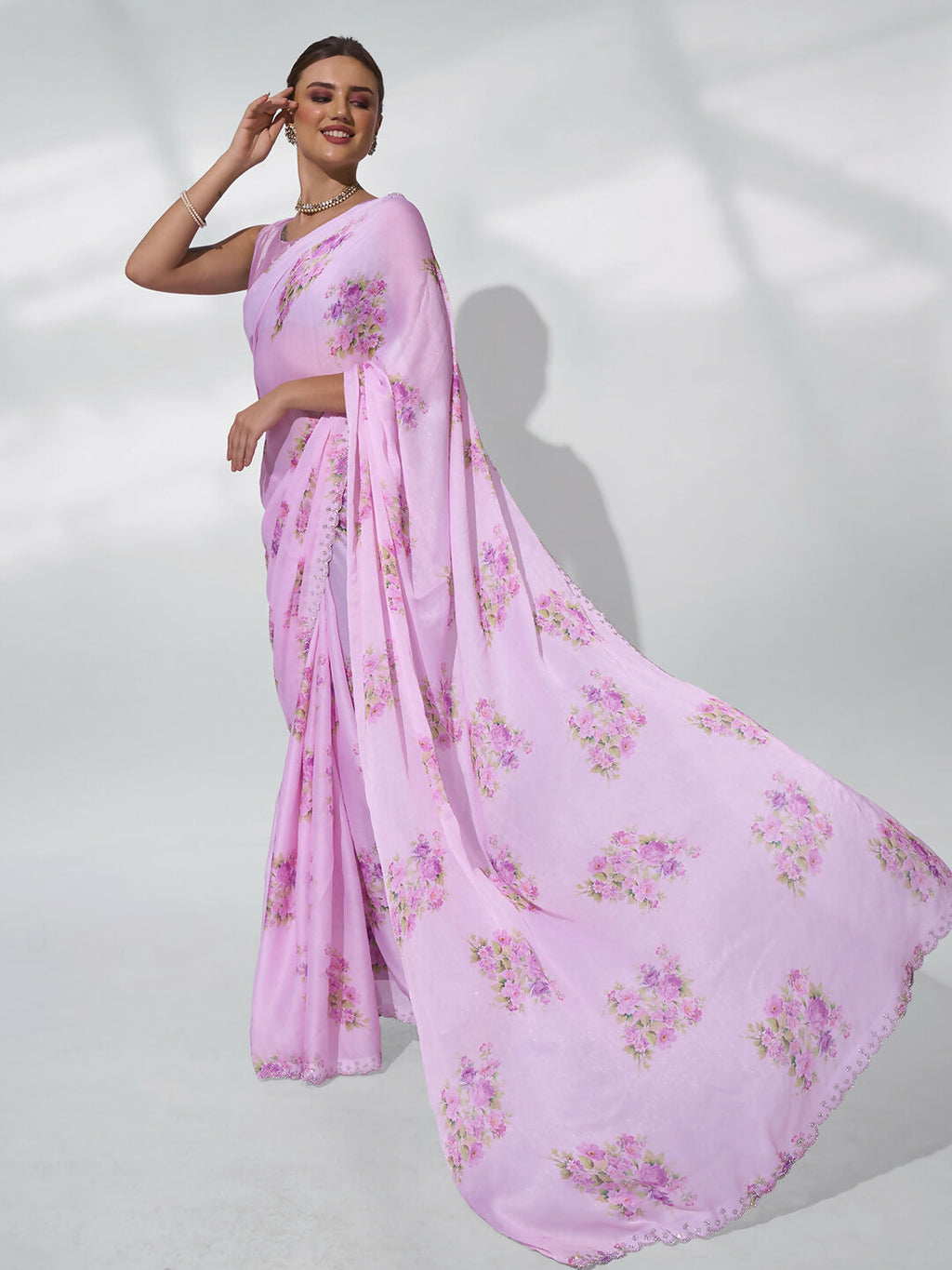 Pink Satin Shimmer Designer Printed Saree - Shezlin | Grocsy