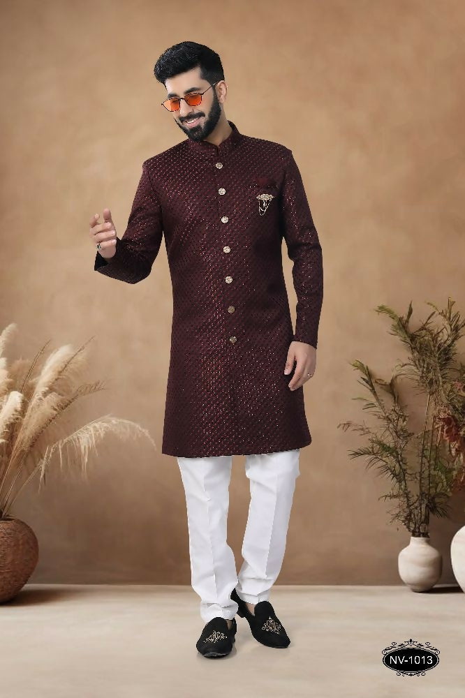 Joban Fashion Men's Maroon Straight Silk Thread & Sequence Embroidery All Over Indo-Western Kurta Set | Grocsy