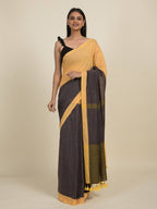 Suta Grey Yellow Colourblocked Pure Cotton Saree | Grocsy