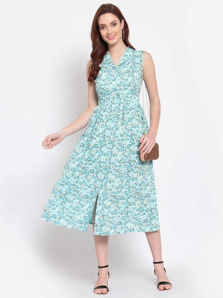 Myshka Women's Green Printed Rayon Sleeveless Collar Neck Casual Dress | Grocsy
