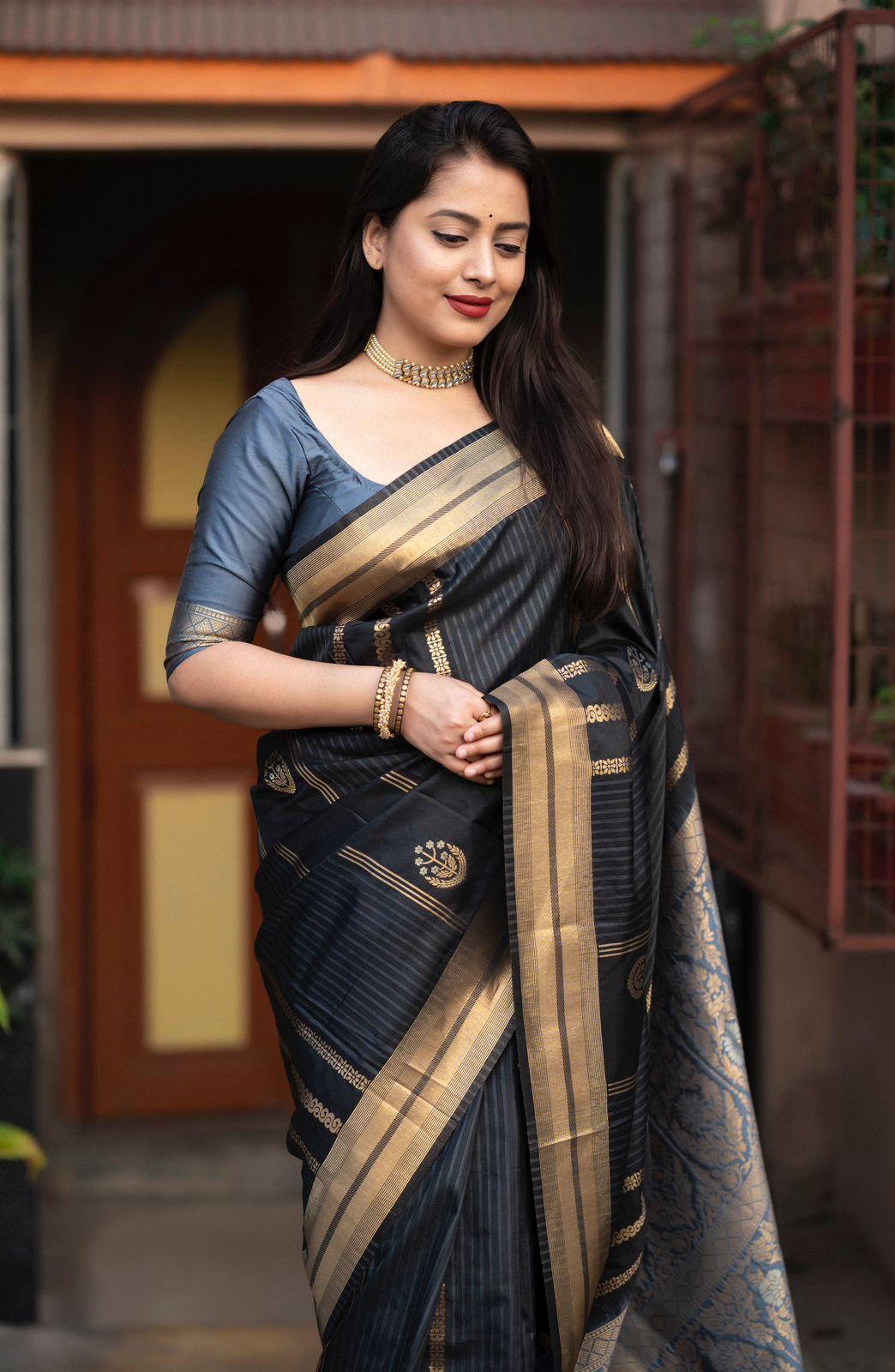 Blue Silk Woven Saree with Unstitched Blouse - Hiral Fashion | Grocsy