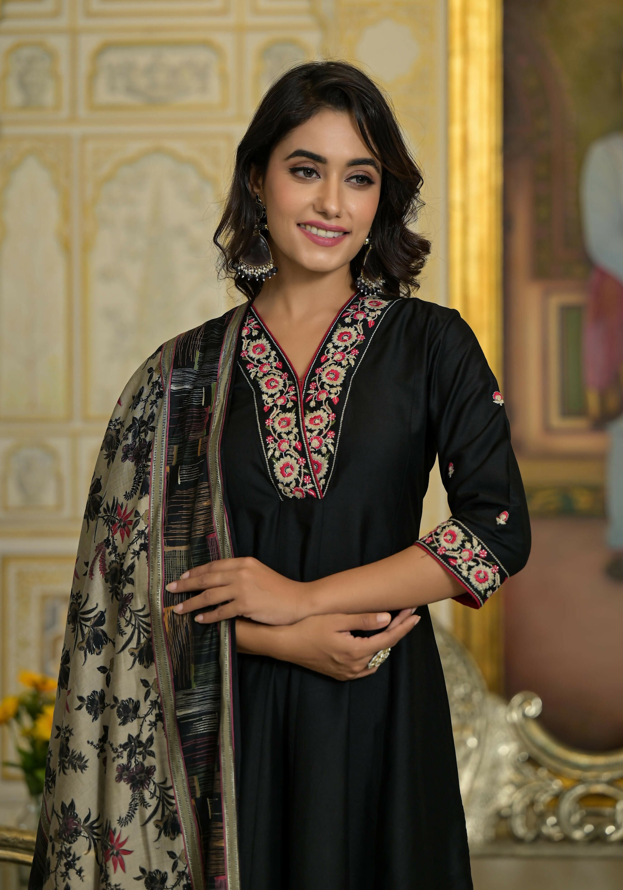 Juniper Women's Black Thread Embroidered Viscose Kurta Pant And Dupatta Set With Abstract Printed Pants | Grocsy