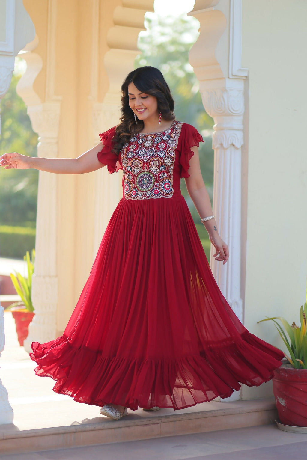 Joban Fashion Maroon Georgette Sequence Embroidery Work Gown | Grocsy