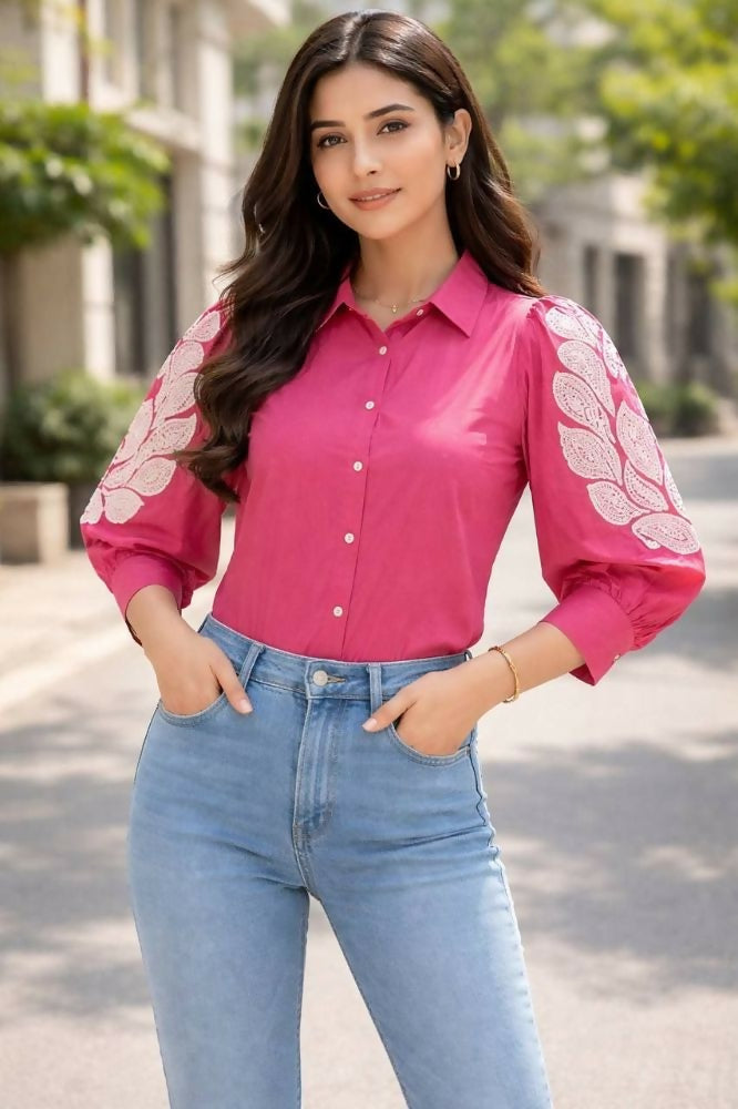 Teeya Creation Women Trendy Pink Cotton Button-Down Top with White Contrast Embroidered Sleeves | Grocsy