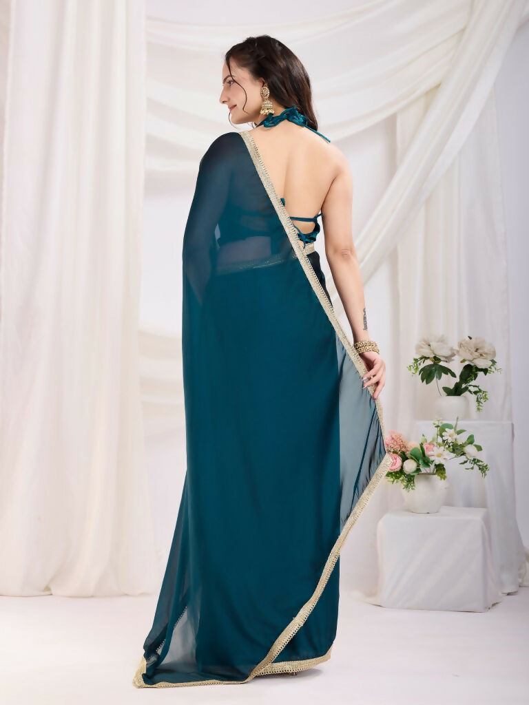 Teal Blue Rangoli Silk Solid, Lace Border Ready To Wear Saree - Kashvi | Grocsy