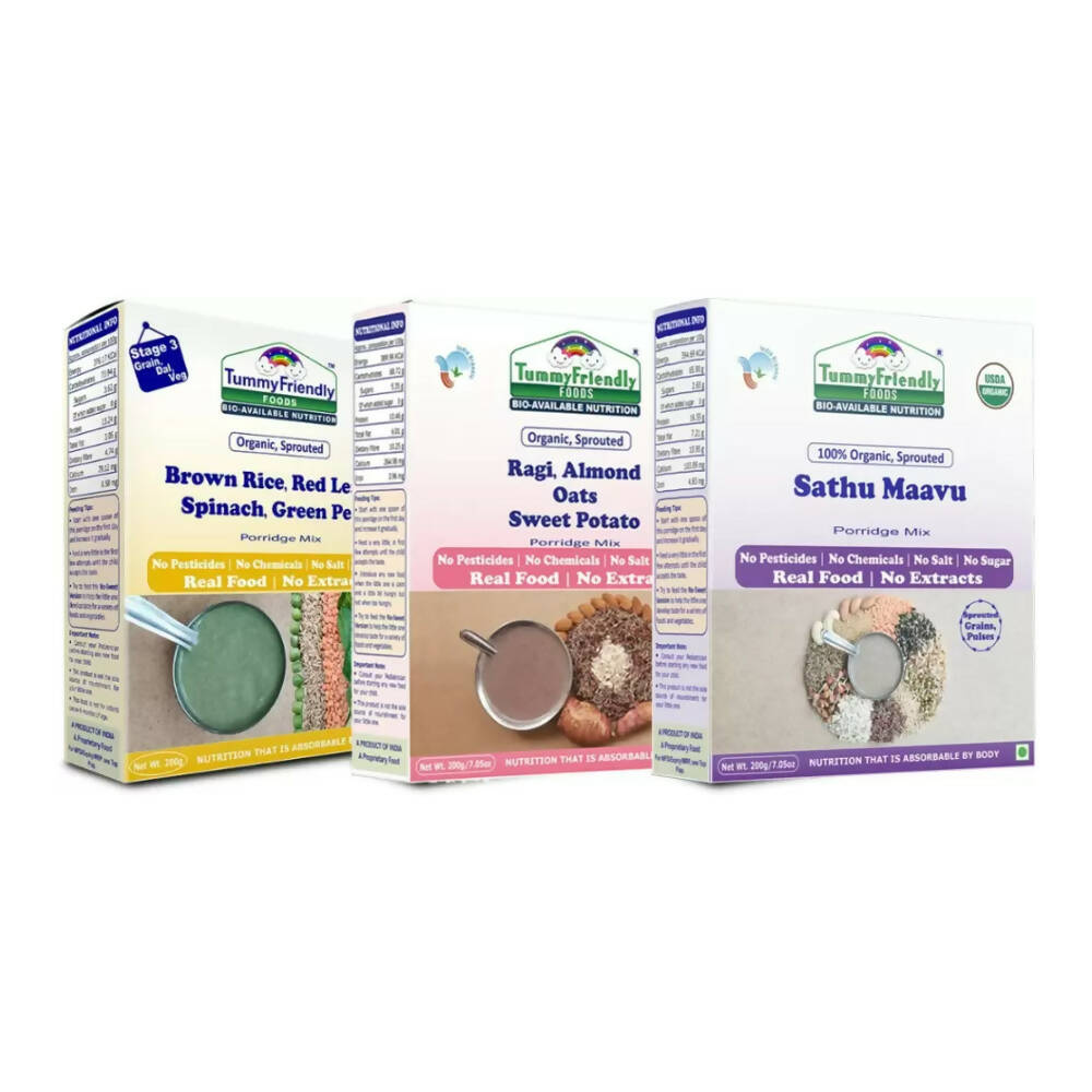 TummyFriendly Foods Stage3 Sprouted Ragi, Brown Rice, Oats, Sathu Maavu, Pulses, Vegetables & Fruit Porridge Mixes For 8 Months | Grocsy