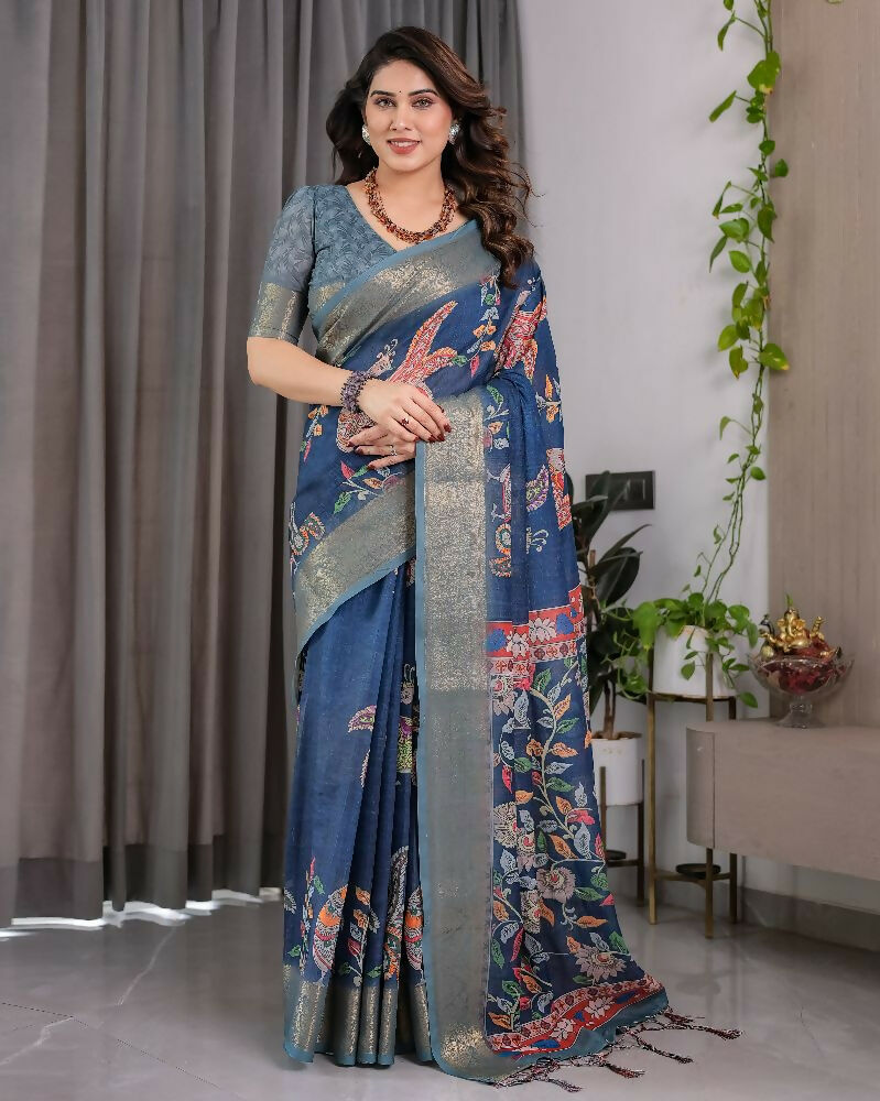 PR Fashion Blue Pure Handloom Linen Saree | Grocsy