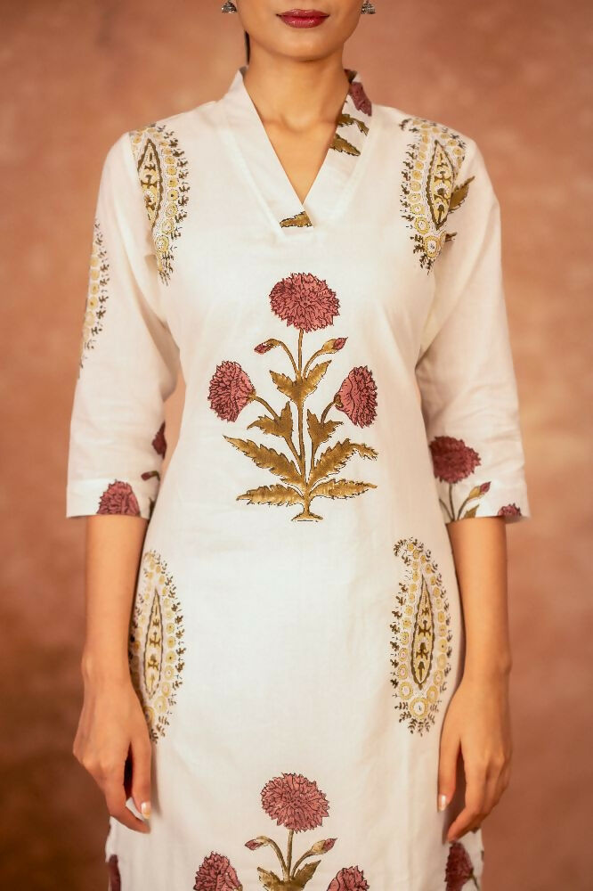 Joban Fashion Off White Red Floral Hand Block Printed Cotton Kurta Pant Set | Grocsy