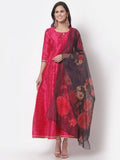 Myshka Women's Pink Silk Solid 3/4 Sleeve Round Neck Casual Anarkali Gown with Dupatta | Grocsy