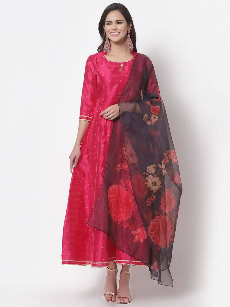 Myshka Women's Pink Silk Solid 3/4 Sleeve Round Neck Casual Anarkali Gown with Dupatta | Grocsy