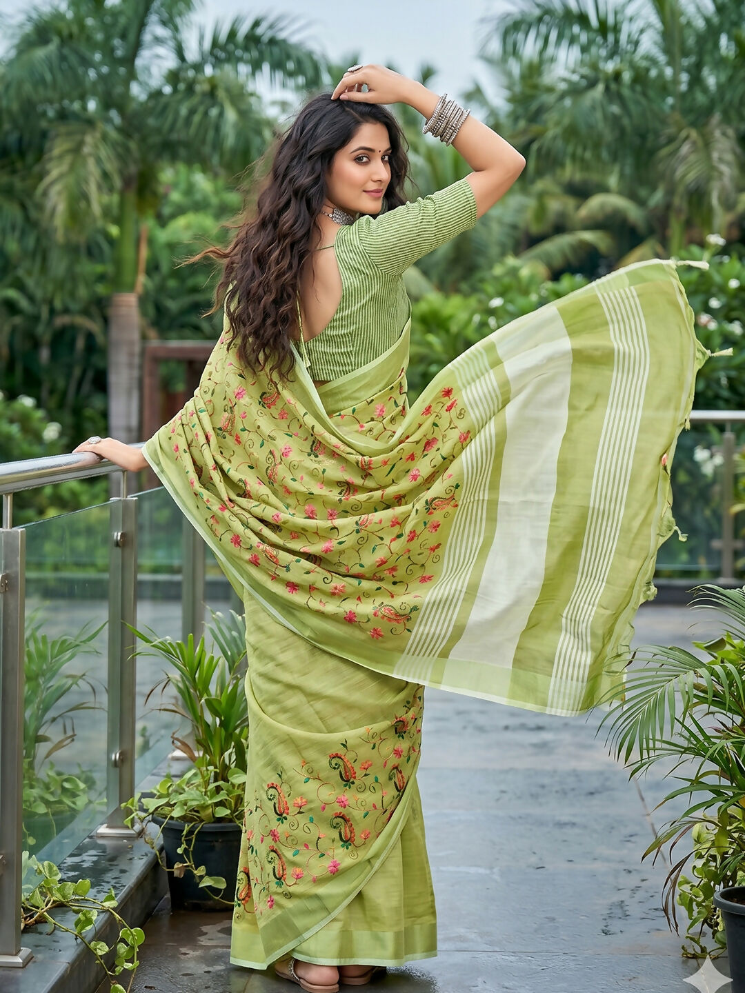 Shree Shyam Fashion Yellow Green Linen Saree | Grocsy
