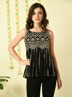 Myshka Women's Black Embroidered Party Fusion Top | Grocsy