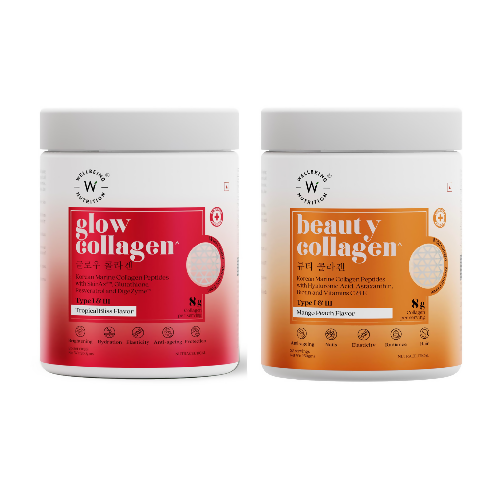 Wellbeing Nutrition Glow Korean Marine & Beauty Collagen Combo: Tropical Bliss & Mango Peach Flavor | Grocsy