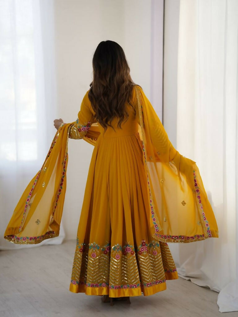 Teeya Creation Yellow Color Heavy Georgette Wedding Wear Embroidery Work Long Gown | Grocsy