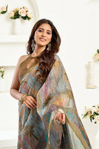 Joban Fashion Dusty Green Floral & Ethnic Motifs Linen Ready To Wear Saree With Unstitched Blouse | Grocsy