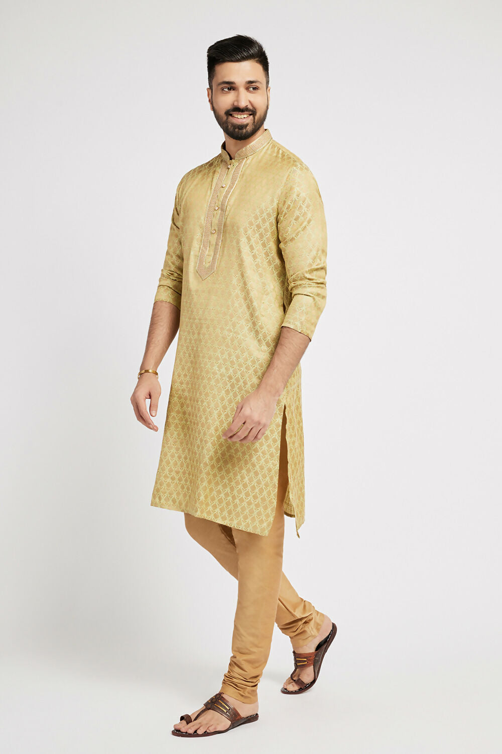 Ethnic India Green Men's Kurta Woven Design Polyester | Grocsy