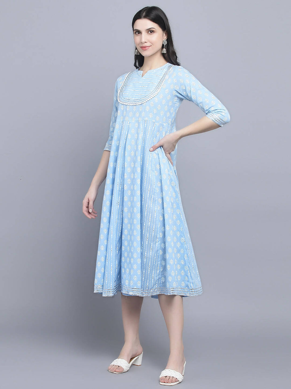 Myshka Women's Blue Ethnic Motifs Empire Midi Dress | Grocsy