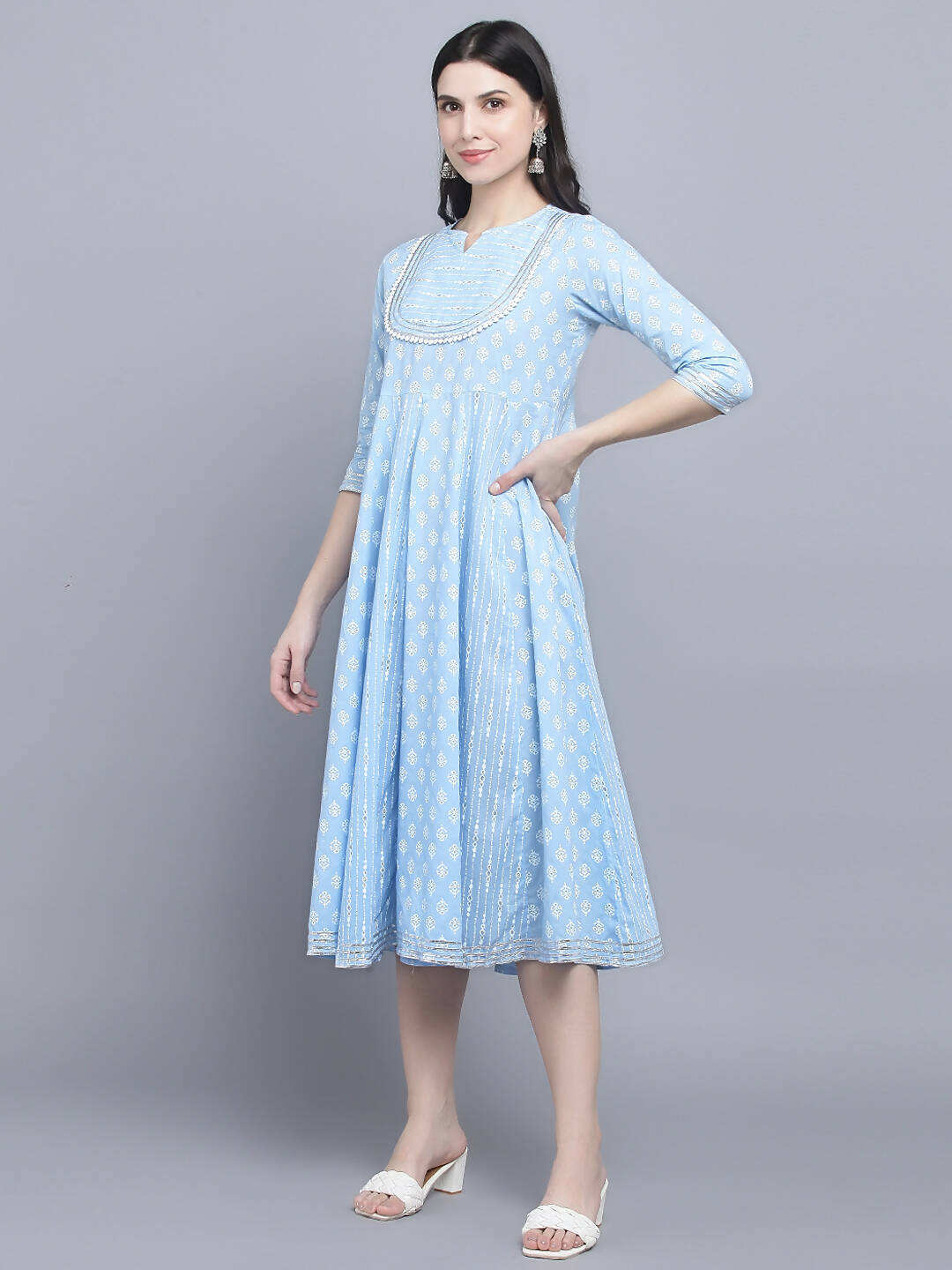 Myshka Women's Blue Ethnic Motifs Empire Midi Dress | Grocsy