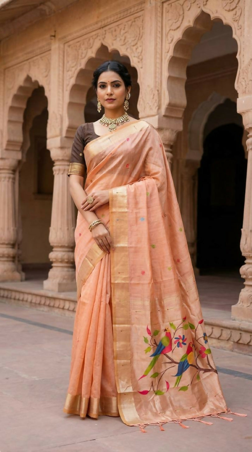 Vastranavya Peach Muga Cotton Meenakari & Munia Weaving Pallu Saree with Contrast Blouse | Grocsy