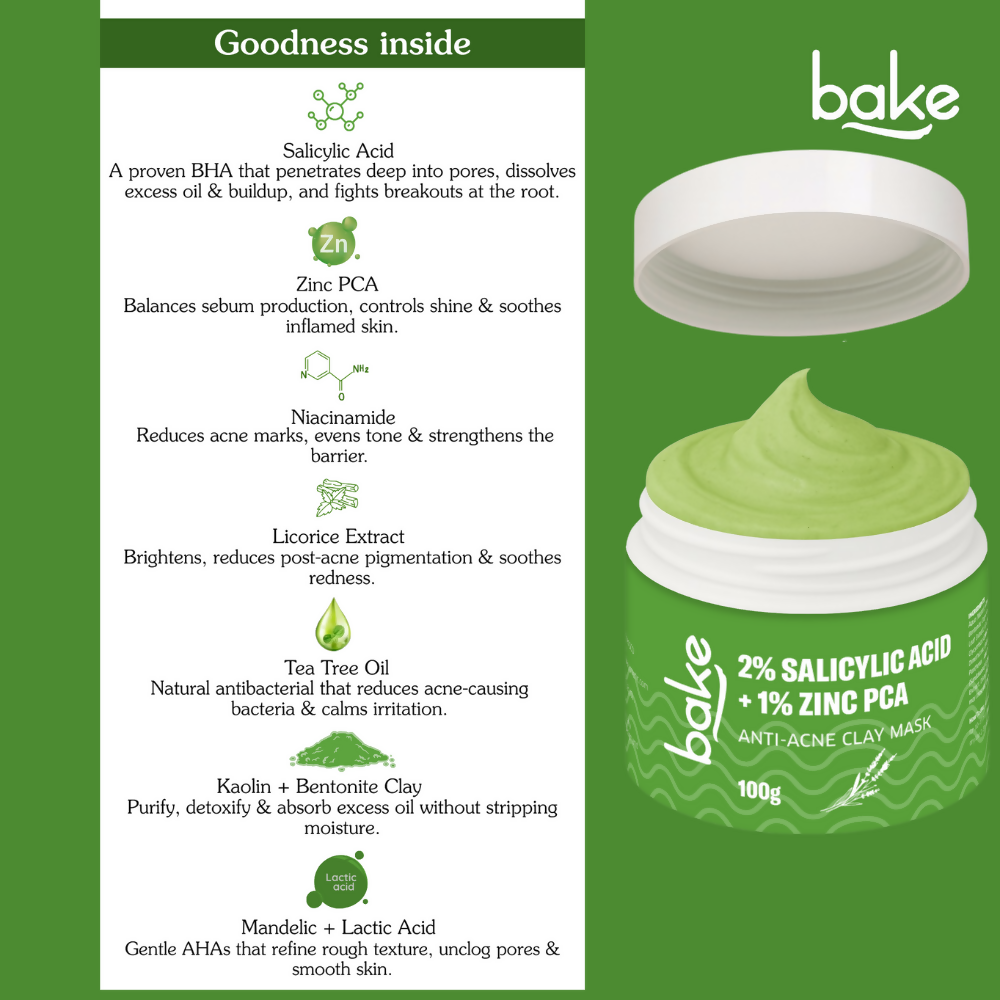 Bake 2% Salicylic Acid + Zinc PCA Anti-Acne Clay Mask - Combo | Grocsy