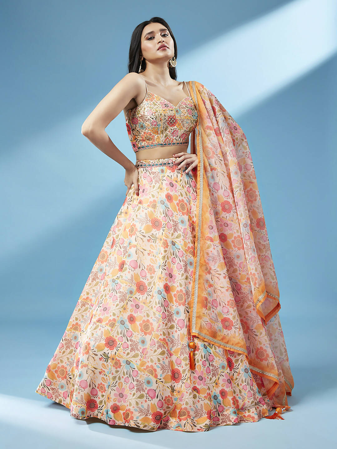 House of Panchhi Orange Organza Floral Printed Lehenga choli & Dupatta | Grocsy