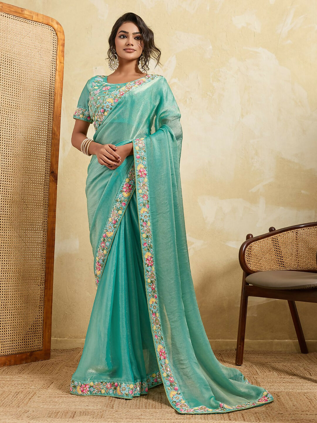 Teeya Creation New Stylish Trendy Party Wear Saree-Aqua_Blue | Grocsy