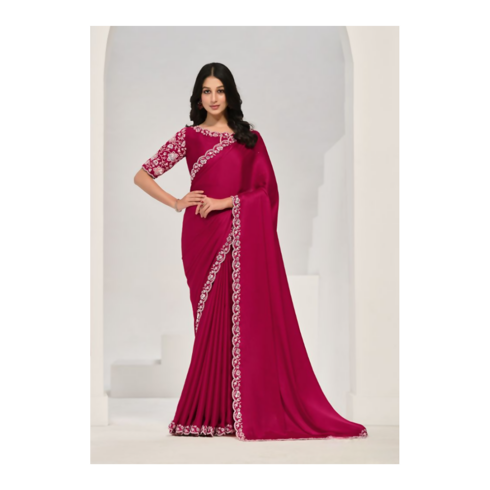 Pink Crepe Satin Silk Sequence Saree with Unstitched Blouse Piece - Norita Saanjh | Grocsy