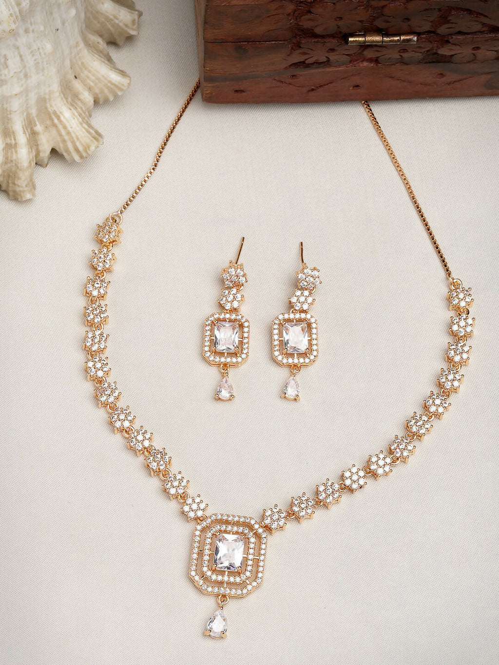 NVR Women's Gold-Polished American Diamond Studded Handcrafted Jewellery Set | Grocsy