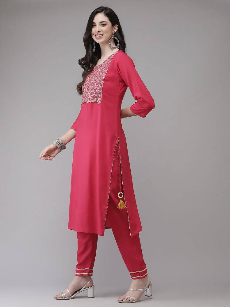Yufta Women Pink Solid Kurta with Trouser & With Dupatta | Grocsy
