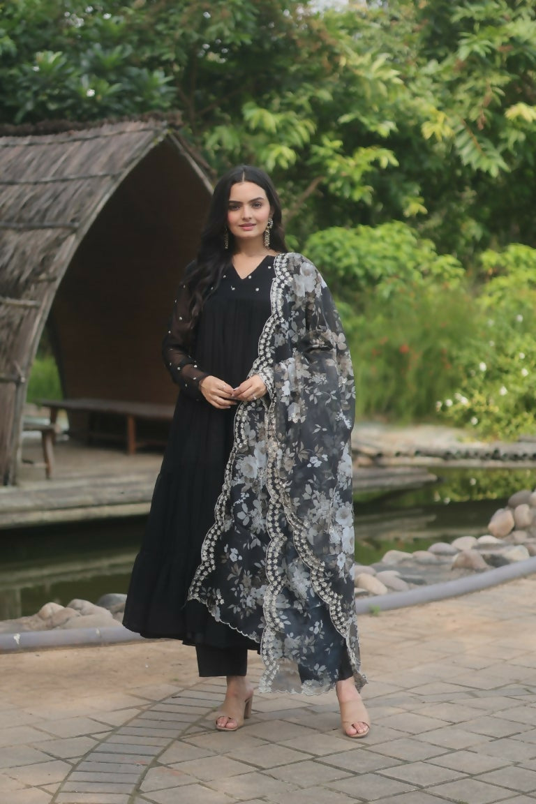 Jyoti Fashion Women's Black Faux Blooming Butti Work Kurta with Trouser & Dupatta | Grocsy