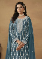Radiant Teal Embroidered Wedding Festive Gharara Suit - Emponline | Grocsy