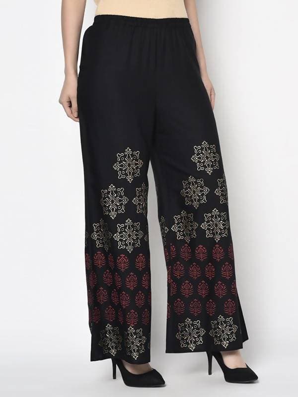 Aniyah Rayon Black Color Block Print Flared Slip-On Palazzo (AN-188K) | Grocsy