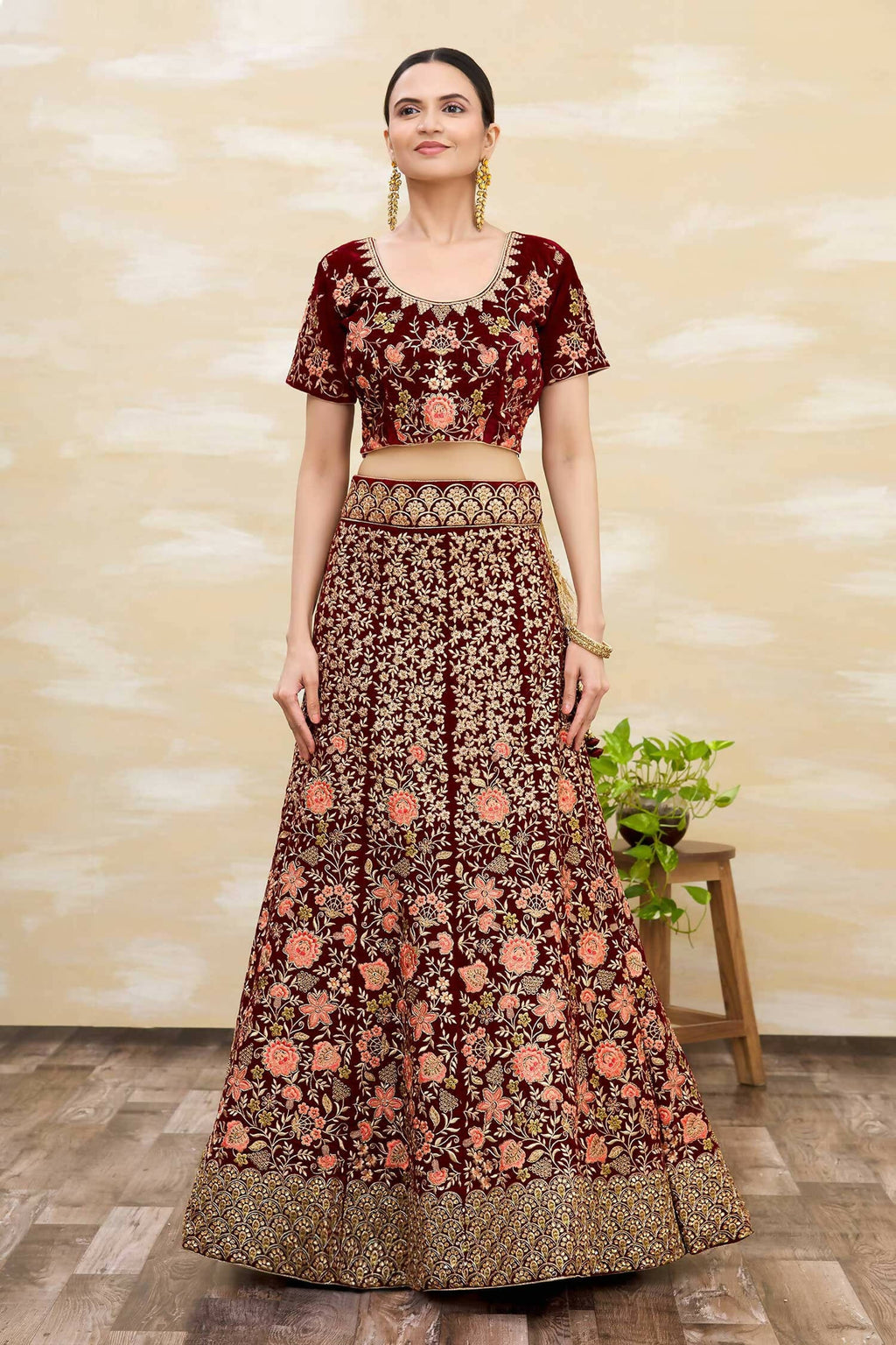 Maroon Velvet Semi-Stitched Wedding Bridal Lehenga - Nimaya | Grocsy