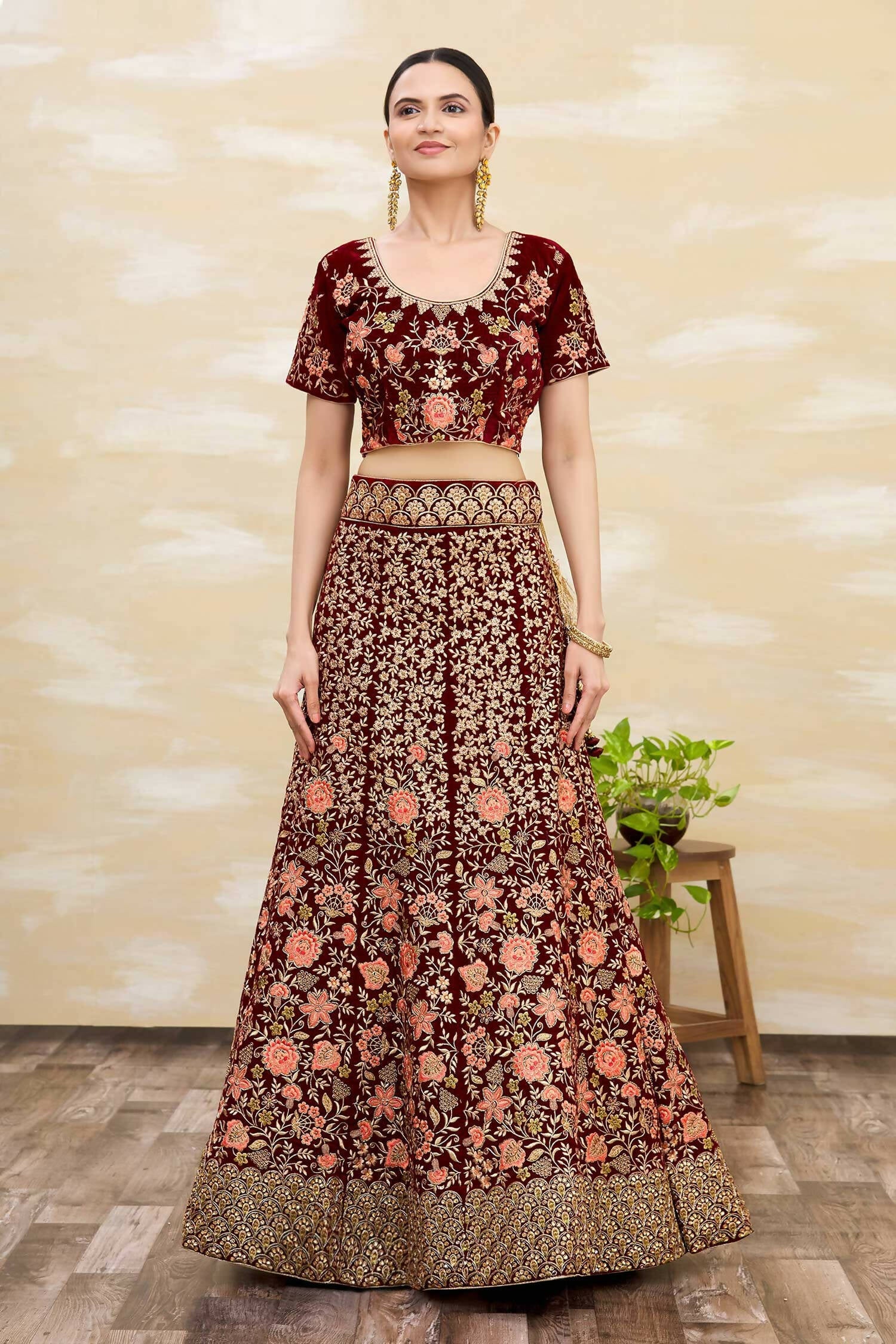 Maroon Velvet Semi-Stitched Wedding Bridal Lehenga - Nimaya | Grocsy