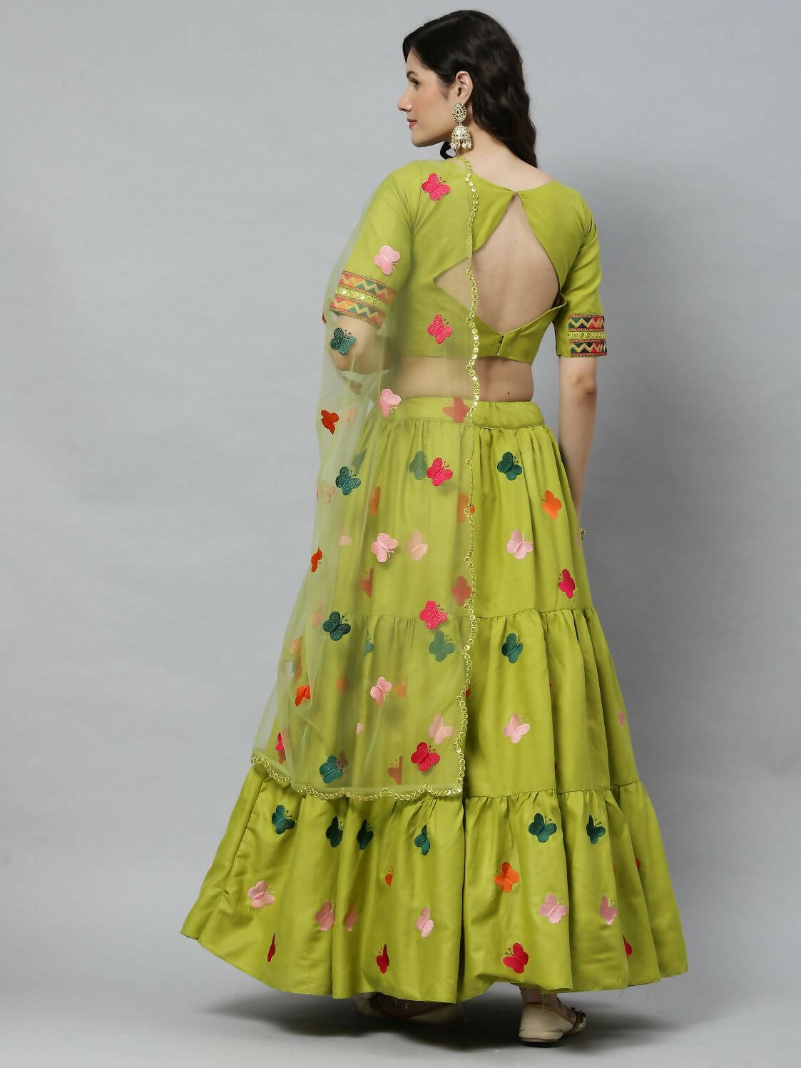 Green Cotton Embroidered Work Lehenga Choli with Dupatta - Jivika | Grocsy