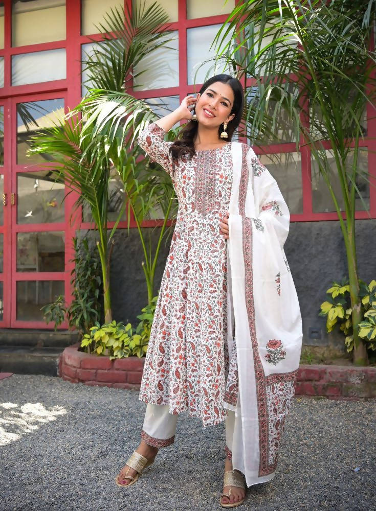 Yufta Women White Paisley Printed Regular Sequinned Pure Cotton Kurta with Palazzo & With Dupatta | Grocsy