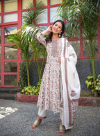 Yufta Women White Paisley Printed Regular Sequinned Pure Cotton Kurta with Palazzo & With Dupatta | Grocsy