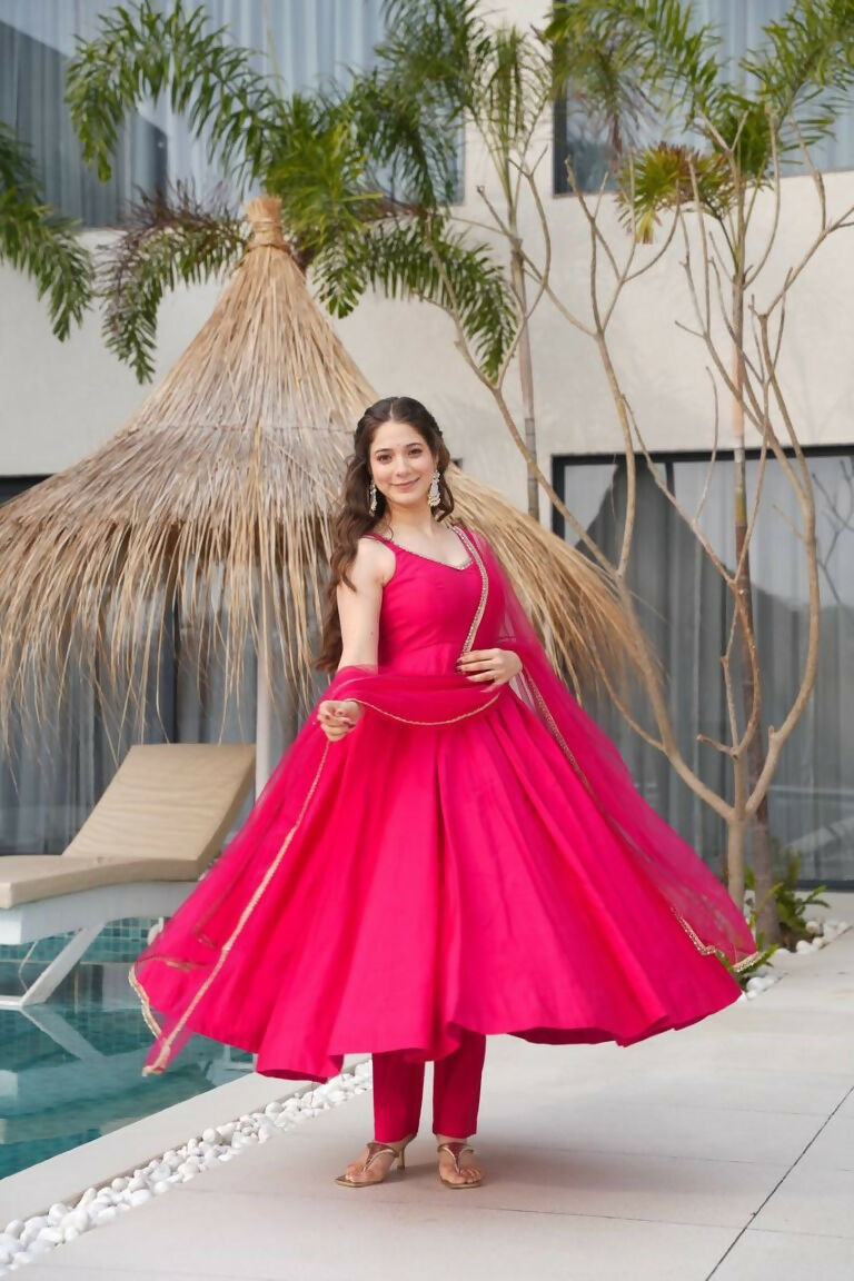 Teeya Creation Pink Color Pure Roman Silk Mirror Lace Party Wear Gown | Grocsy