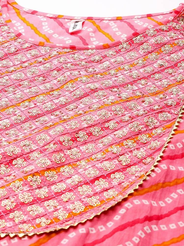 Yufta Women Pink Bandhani Yoke Design Regular Sequined Pure Cotton Kurta with Palazzo | Grocsy