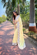 Vamsee Chinon Panchi Light Yellow Shimmer Saree | Grocsy