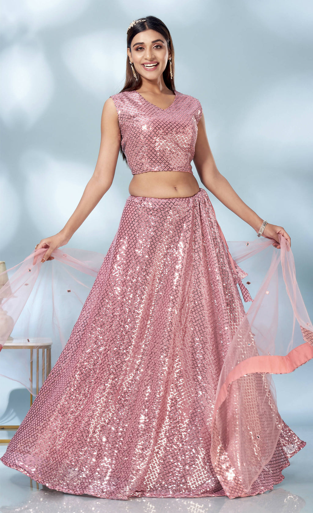 Pink Net Heavy Sequence work Lehenga Choli with Dupatta - Tanya | Grocsy